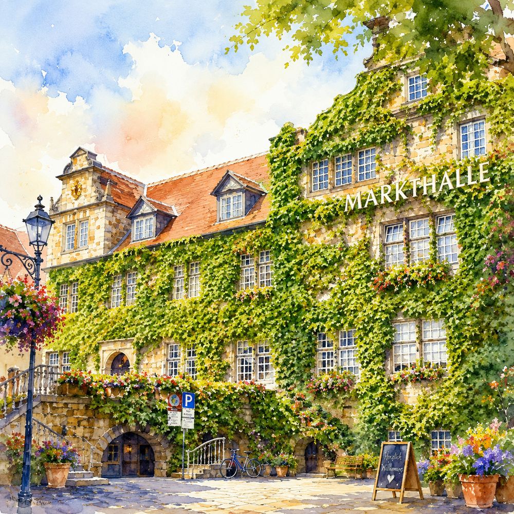 Aquarell der Markthalle – ein efeubewachsenes historisches Gebäude mit dem Schriftzug Markthalle